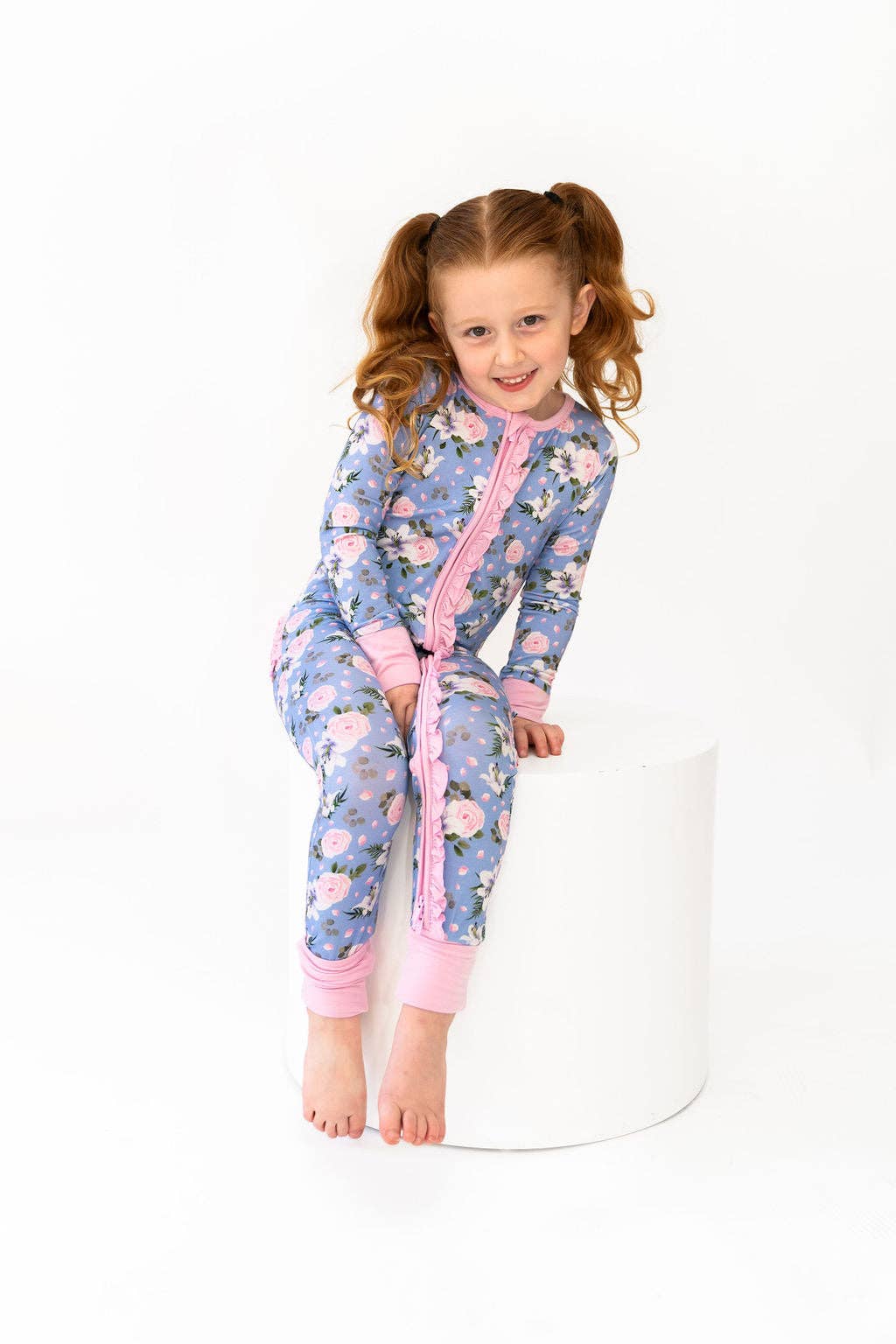 Periwinkle Floral Bamboo Ruffle Convertible Footie (Restock)