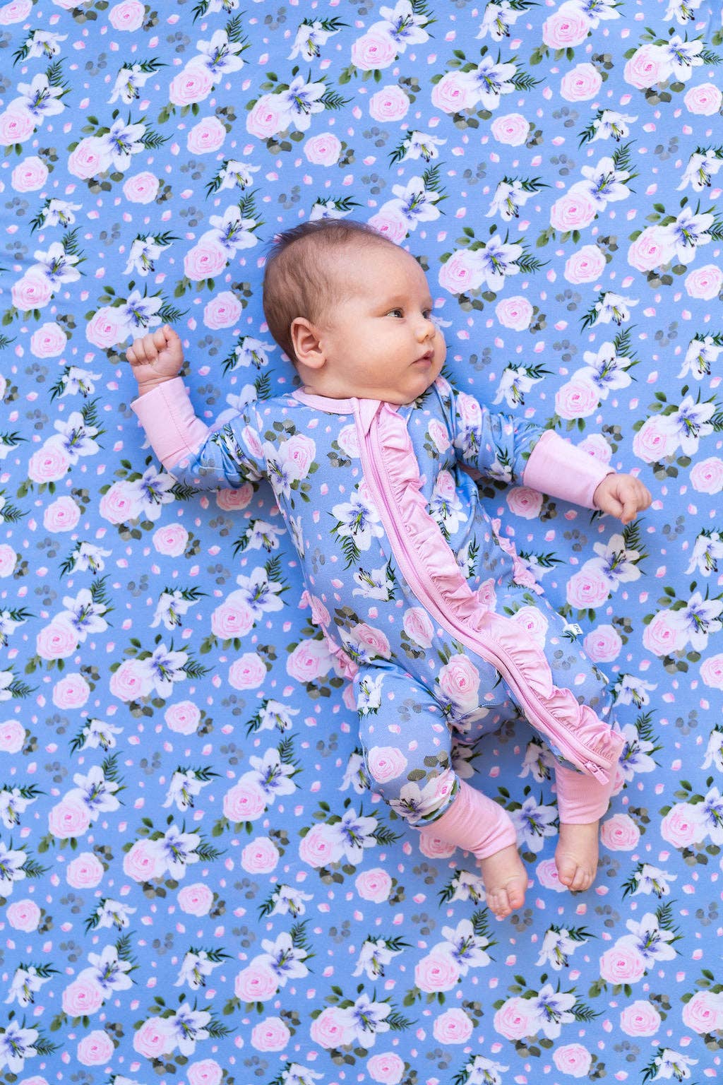 Periwinkle Floral Bamboo Ruffle Convertible Footie (Restock)