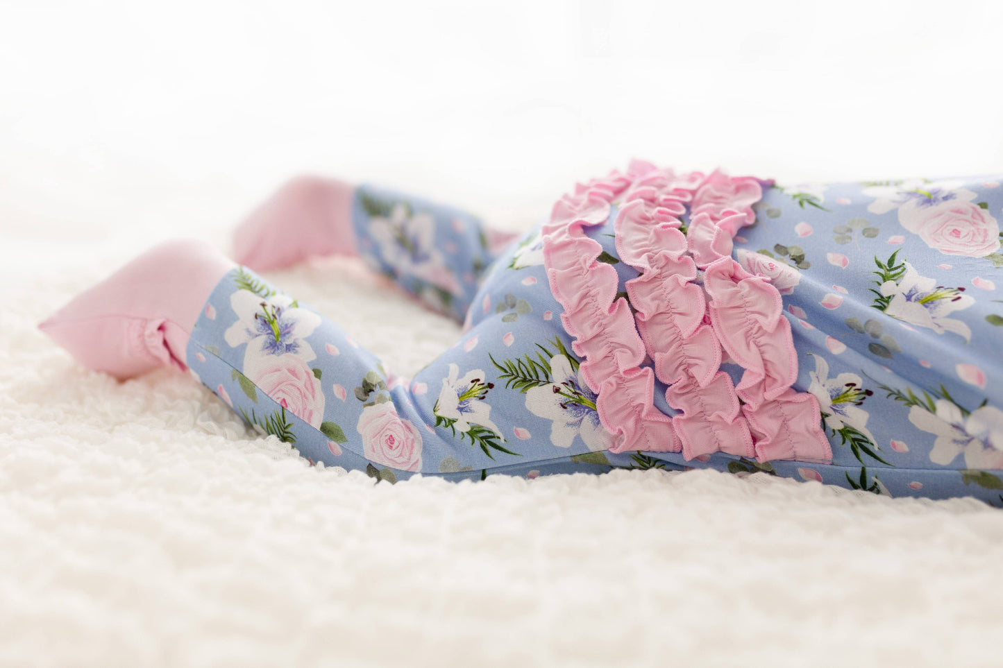 Periwinkle Floral Bamboo Ruffle Convertible Footie (Restock)