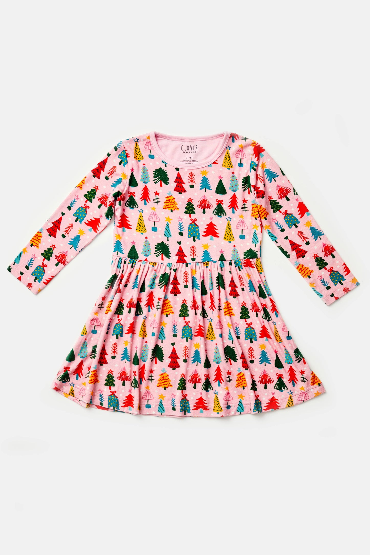 Stretchy Long Sleeve Twirl Dress - Christmas Trees Pink