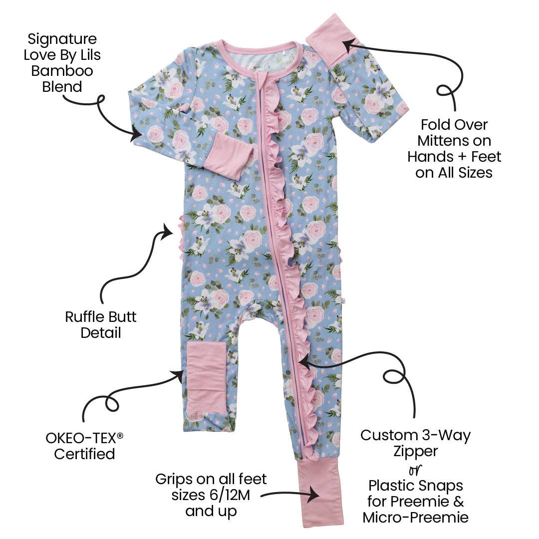 Periwinkle Floral Bamboo Ruffle Convertible Footie (Restock)