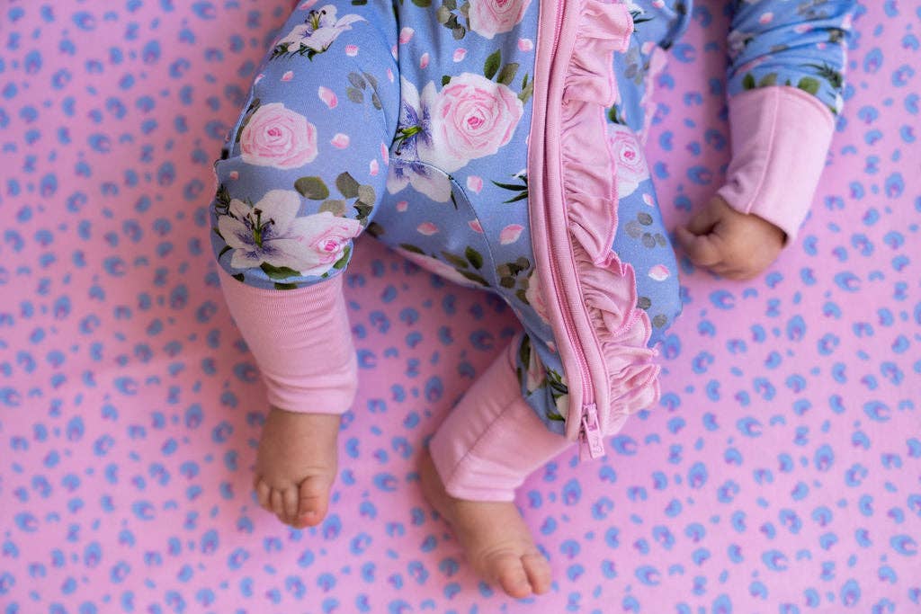 Periwinkle Floral Bamboo Ruffle Convertible Footie (Restock)
