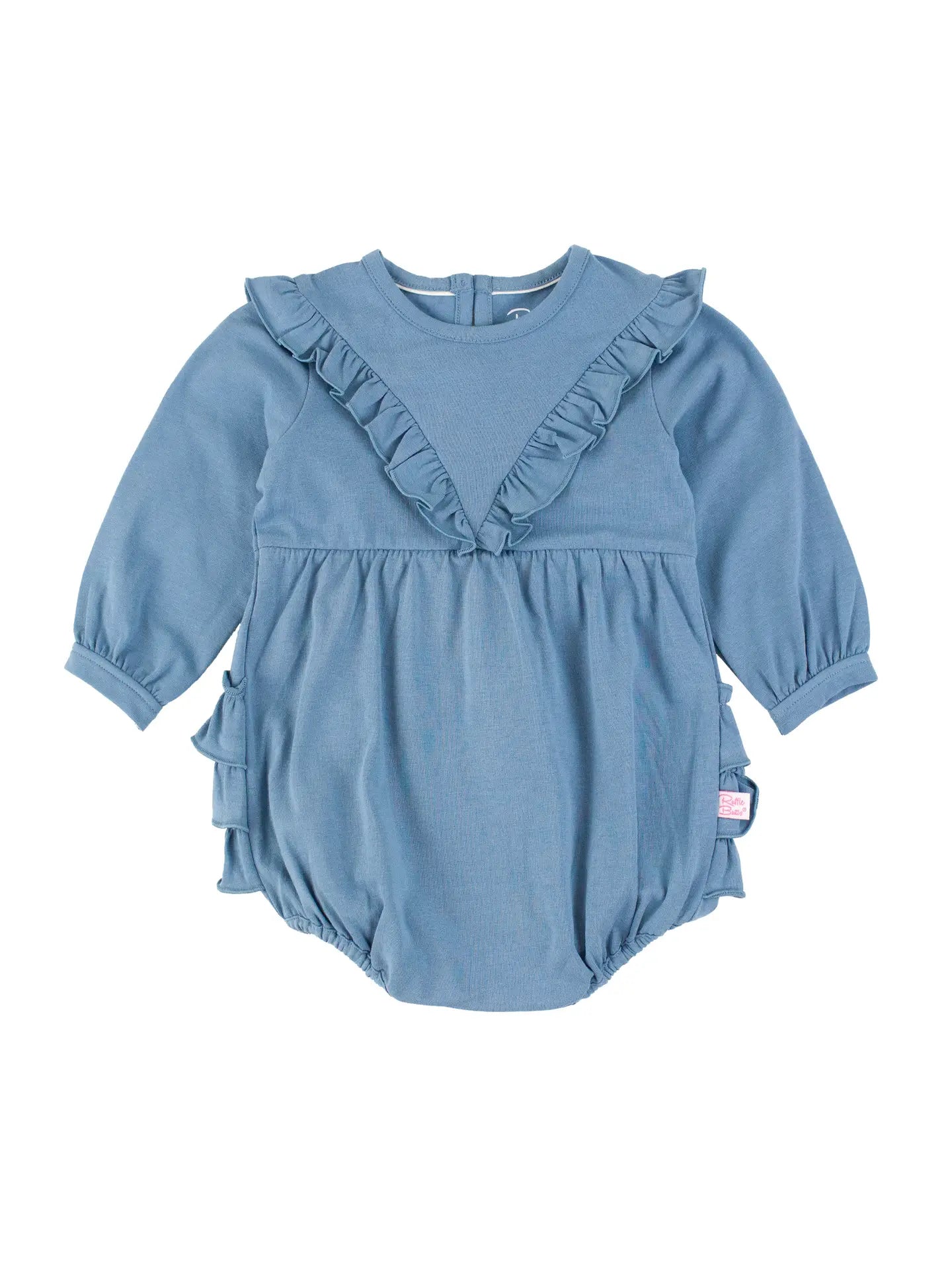 Baby Girls Countryside Blue Knit Long Sleeve V-Ruffle Bubble Romper