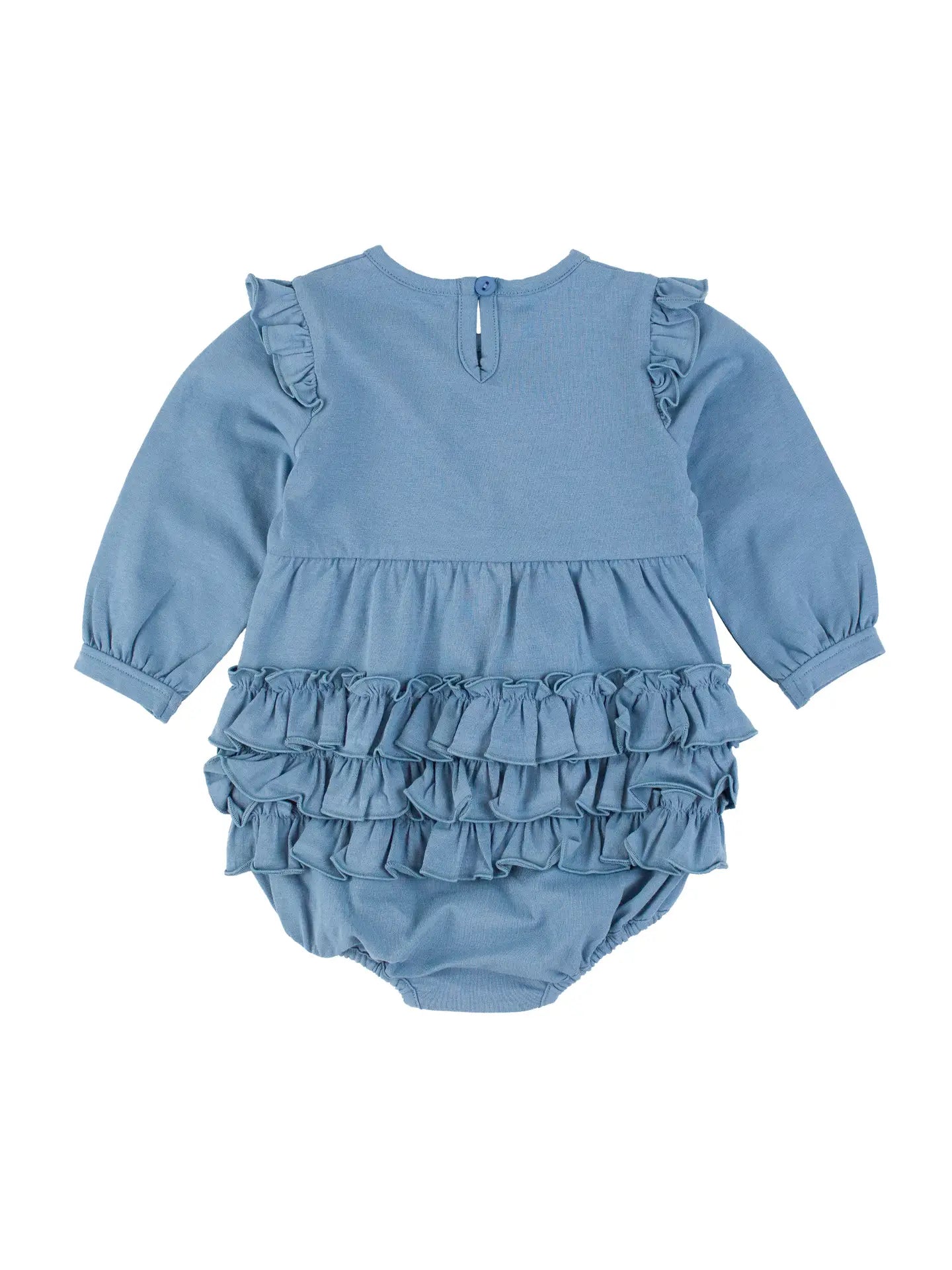 Baby Girls Countryside Blue Knit Long Sleeve V-Ruffle Bubble Romper