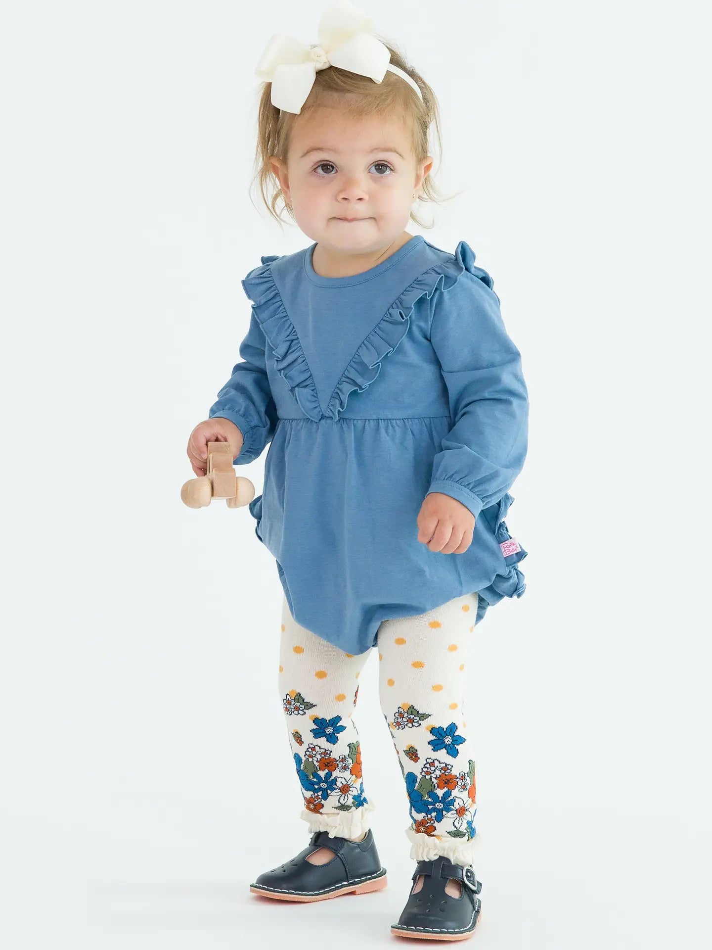 Baby Girls Countryside Blue Knit Long Sleeve V-Ruffle Bubble Romper