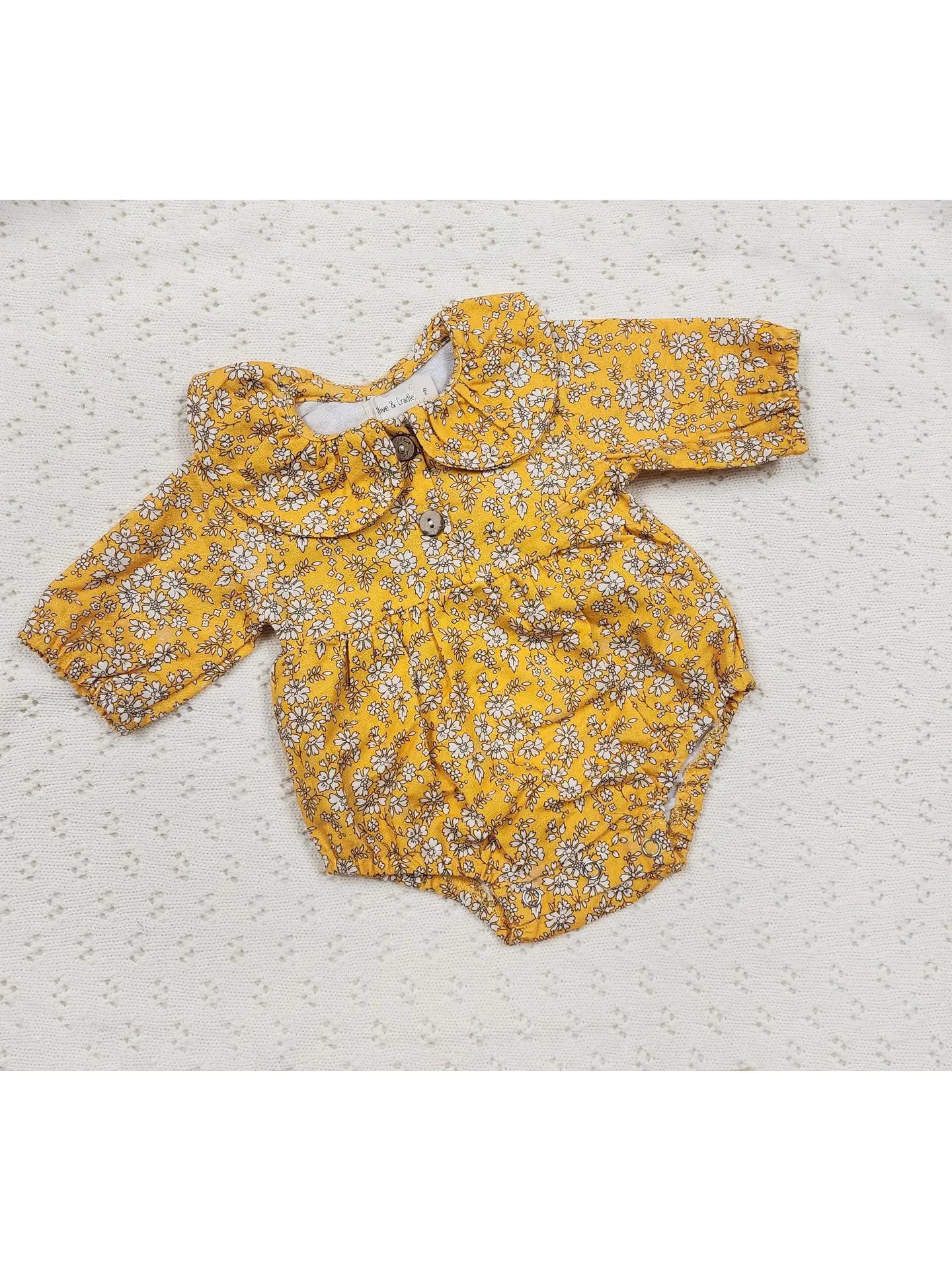 Baby Girls Mustard Floral Cotton Bubble Collar Romper