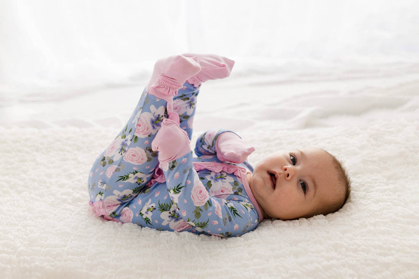Periwinkle Floral Bamboo Ruffle Convertible Footie (Restock)