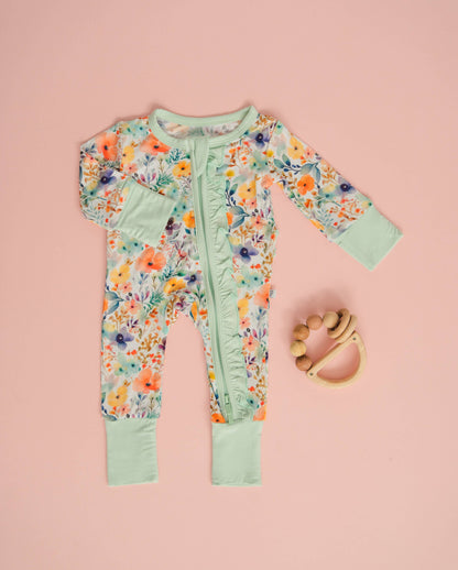 Rainbow Floral Bamboo Ruffle Convertible Footie