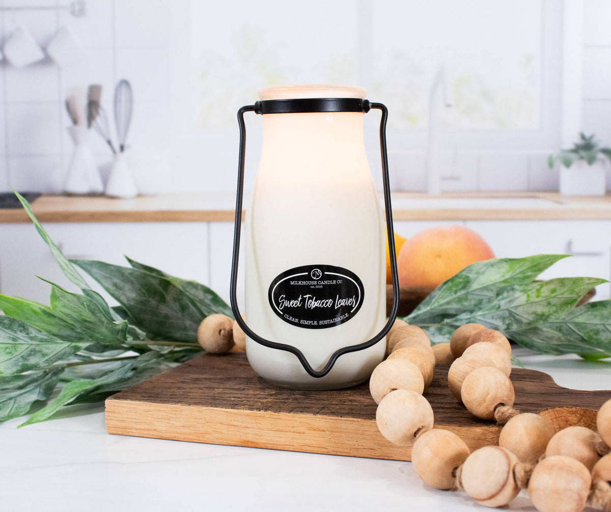 14 oz Milkbottle Candle: Sweet Tobacco Leaves