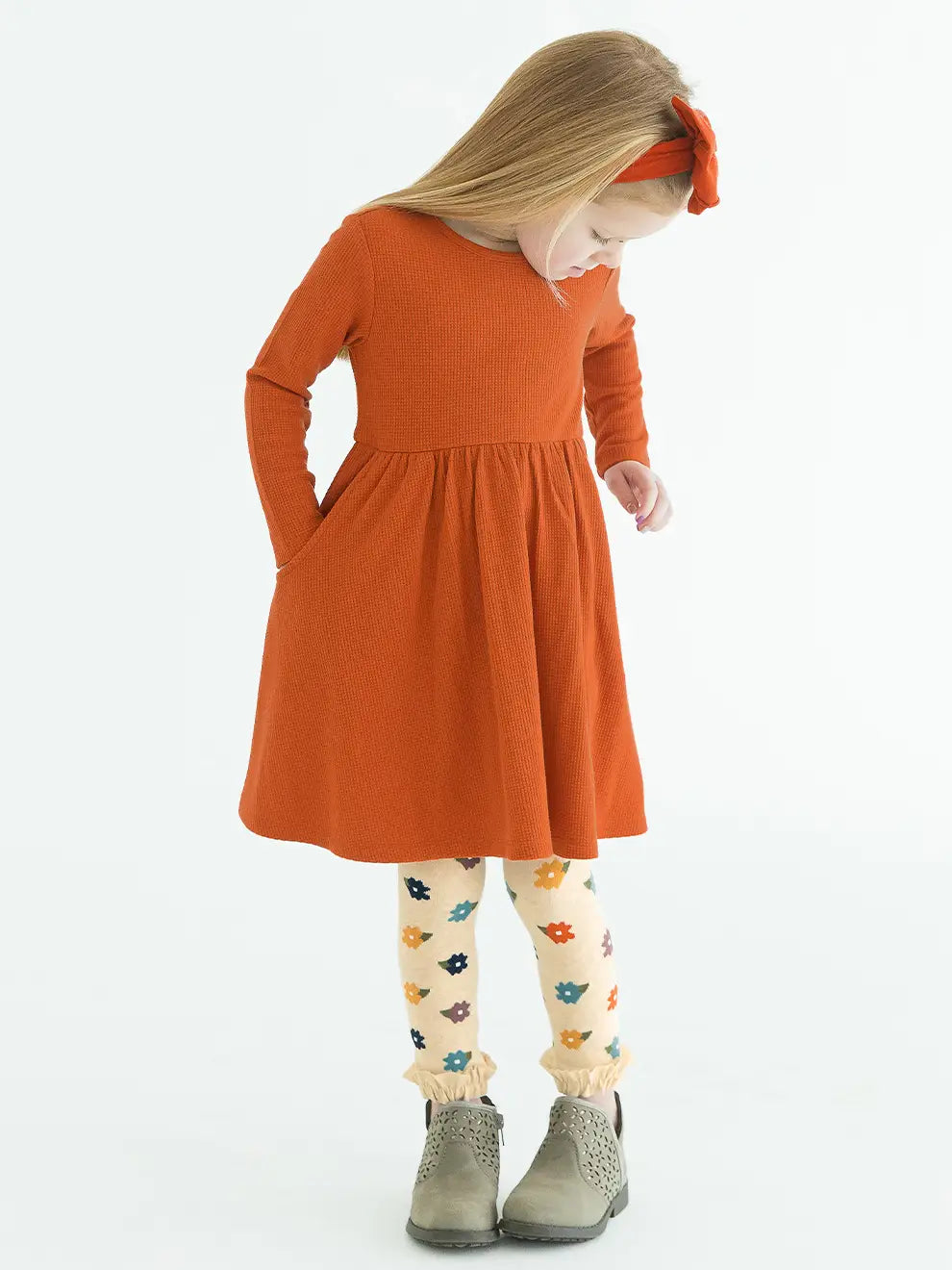 Girls Rust Waffle Knit Long Sleeve Twirl Dress