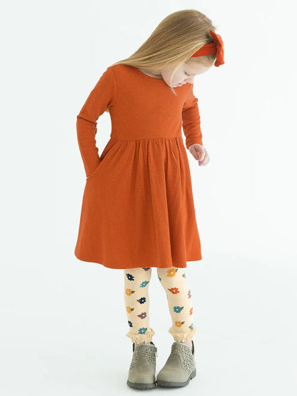 Girls Rust Waffle Knit Long Sleeve Twirl Dress