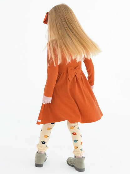 Girls Rust Waffle Knit Long Sleeve Twirl Dress